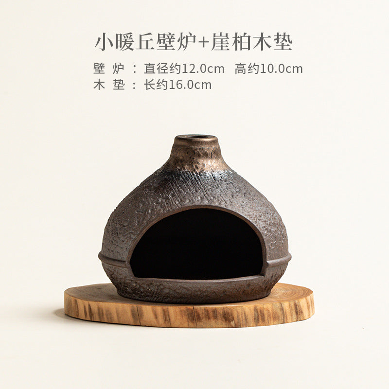 Warm hill ceramic ritual fireplace approximately 12 cm wide by 10 cm high with wood coaster