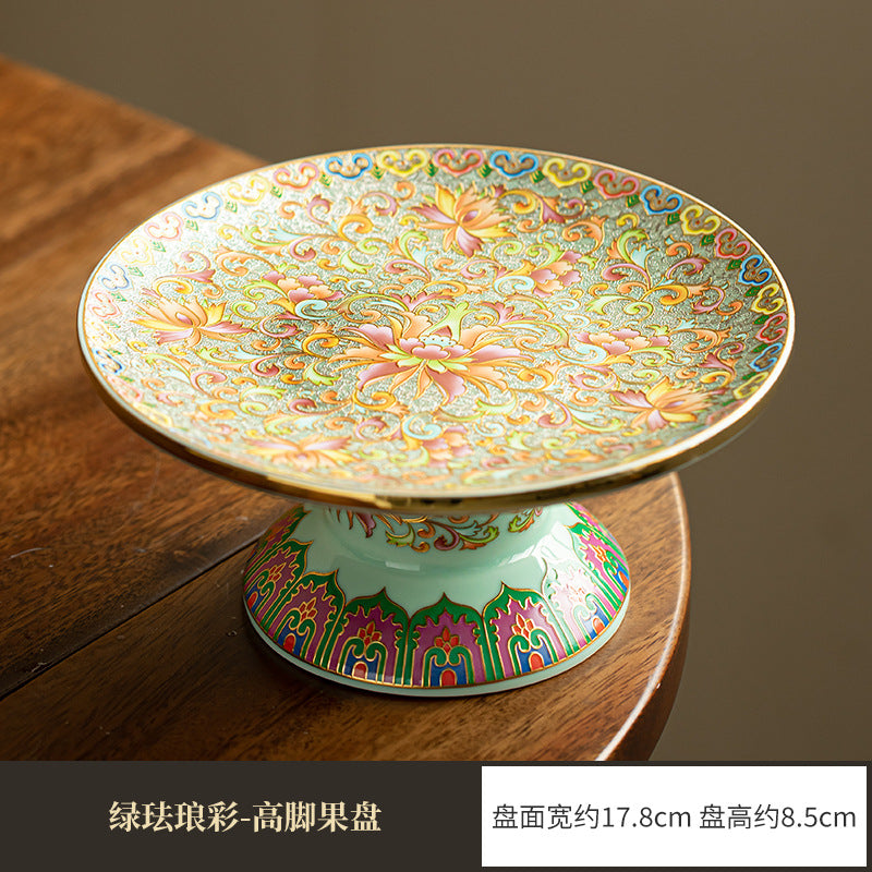 Authentic Jingdezhen Hand-Painted Enamel High-Foot Pedestal Teaware Tray & Fruit Plate - 18cm Teaware Accessories