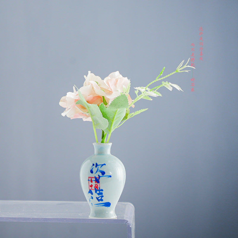 Mini Blue-and-White Porcelain Bud Vase with Floral Arrangement – 9cm New Chinese Tea Table & Desk Decor