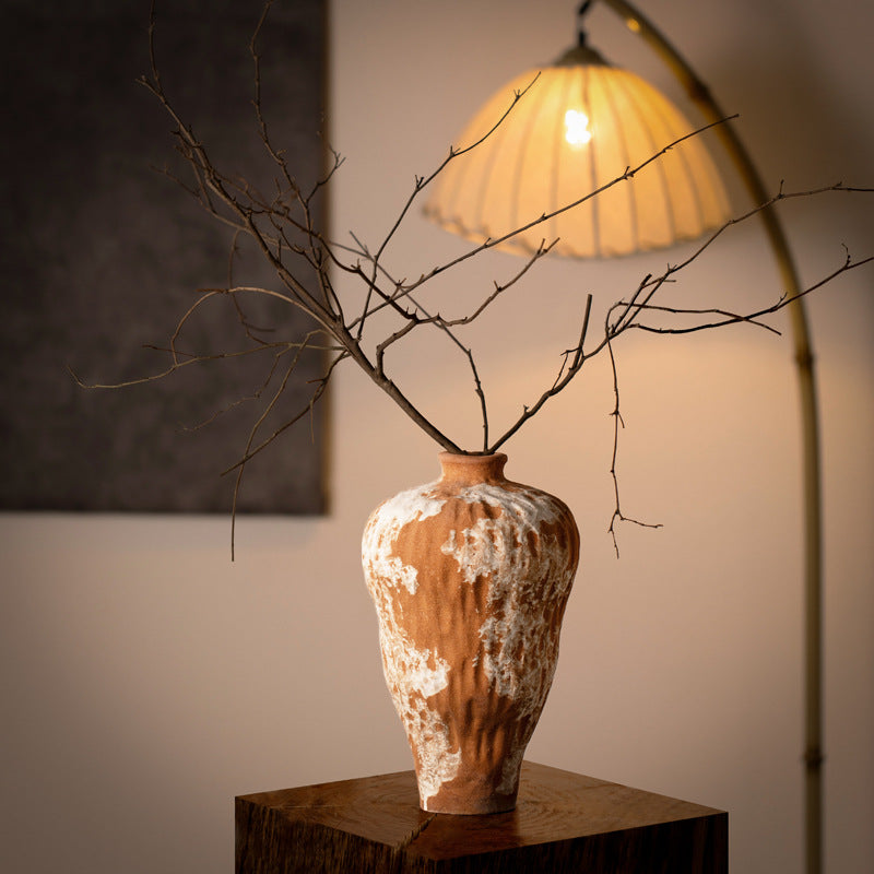 Small terracotta orange and white textured ceramic vase 30 cm high