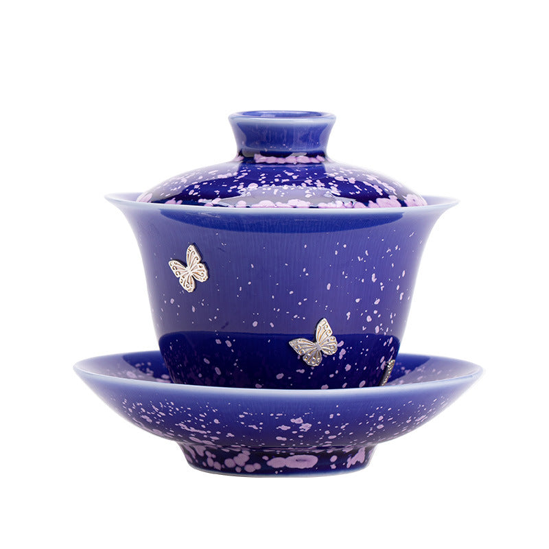 Authentic Jingdezhen Starry Sky Blue Kiln-Transformed Raw Mineral Sancai Gaiwan with Hand-Stapled Pure Ag999 Silver - 160ml
