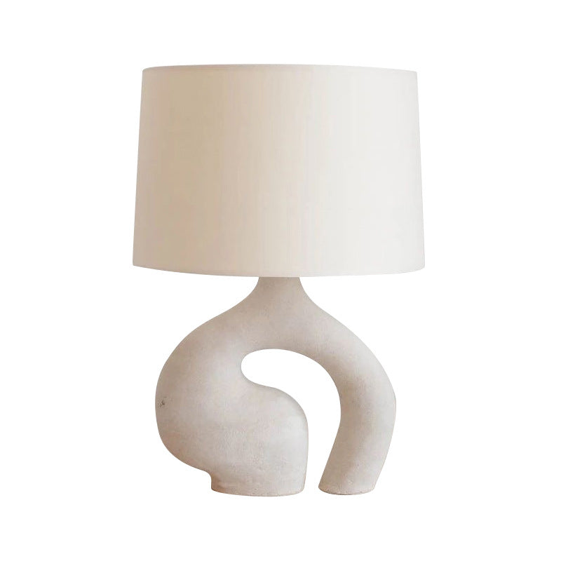 Front view of 40cm wide sculptural loop lamp with fabric shade