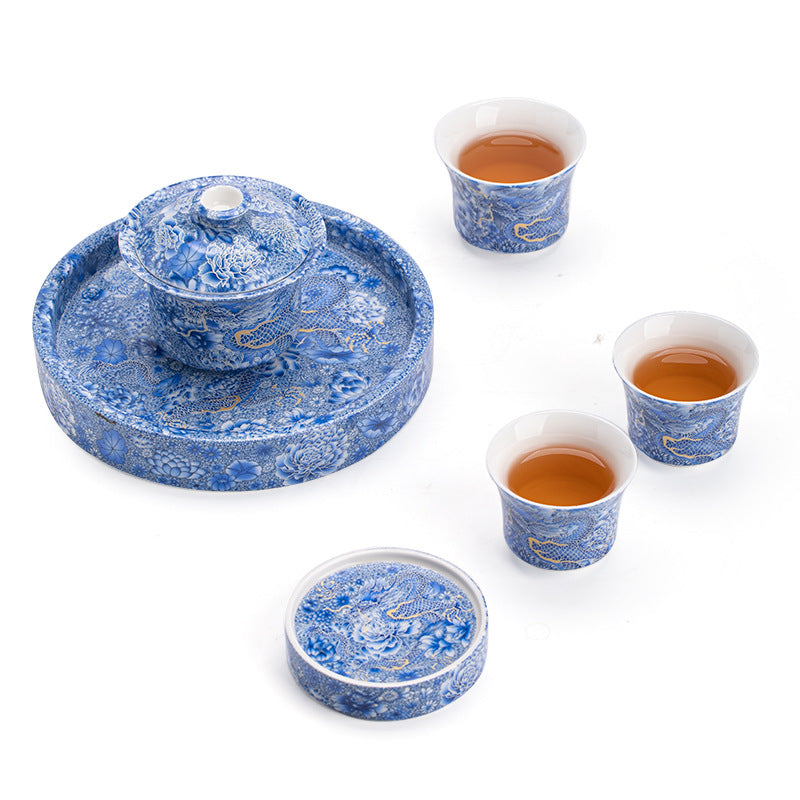 Authentic Jingdezhen Hand-Painted Imperial Dragon Horseshoe Hovering Sancai Gaiwan & Chachen Tray Tea Set