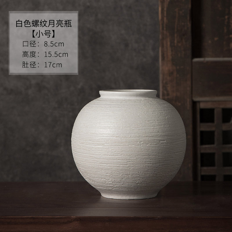 Small white ribbed round jar vase 15.5 cm high and 17 cm diameter