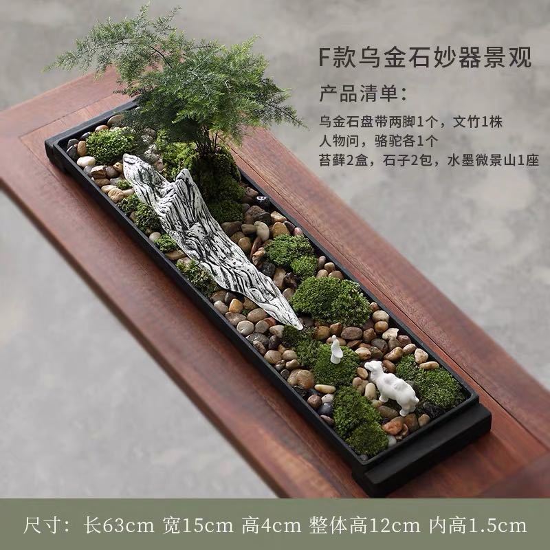 63 cm long black stone moss garden with asparagus fern scholar figures camel and landscape rock