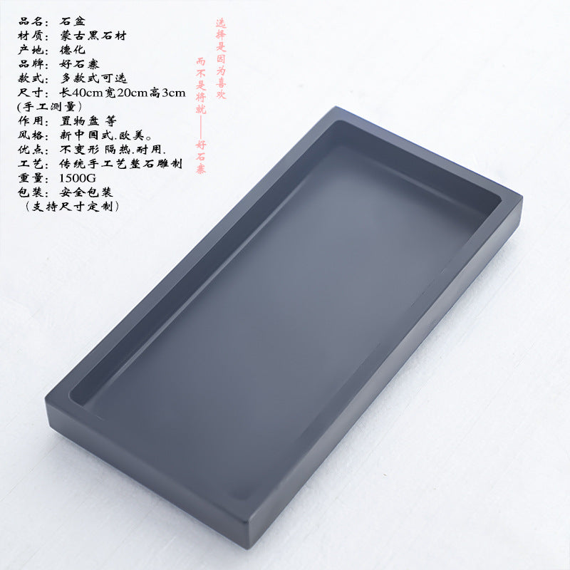 Large gray rectangular stone bonsai tray with size information