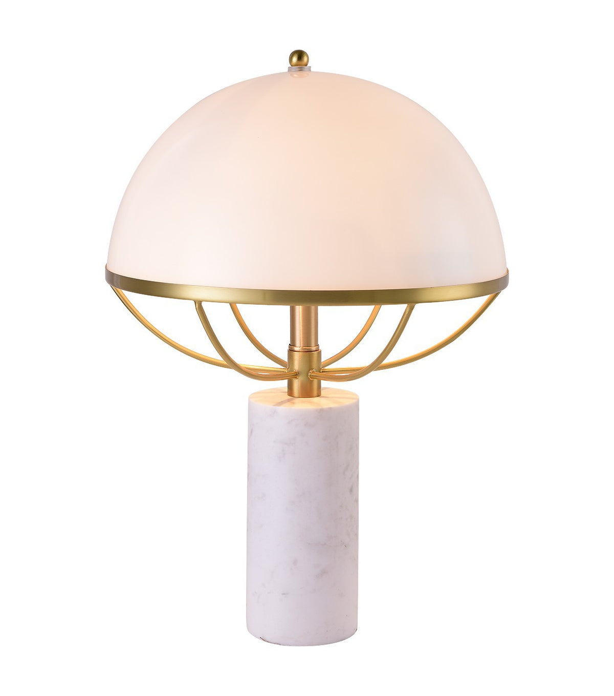 Modern white dome table lamp with cylindrical marble base and gold supports