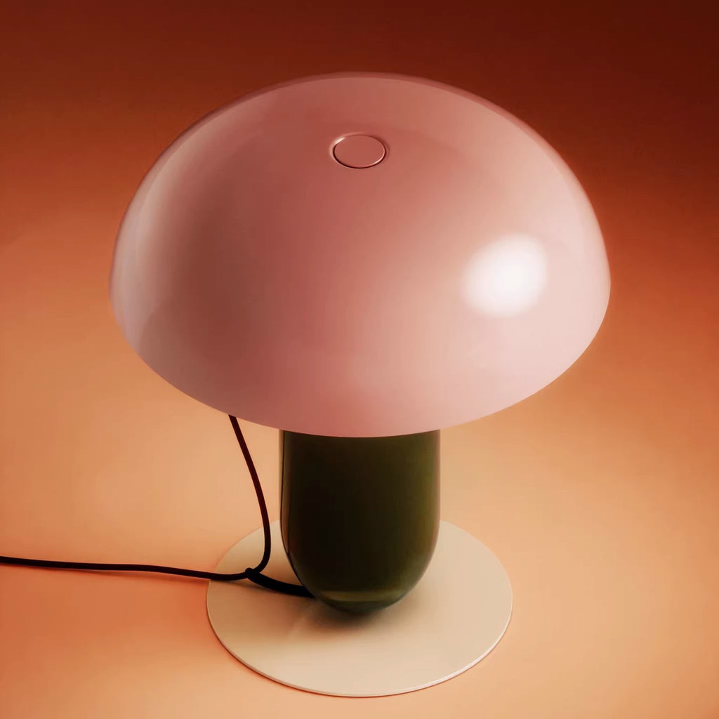 Pink and brown grey colorblock table lamp illuminated close view