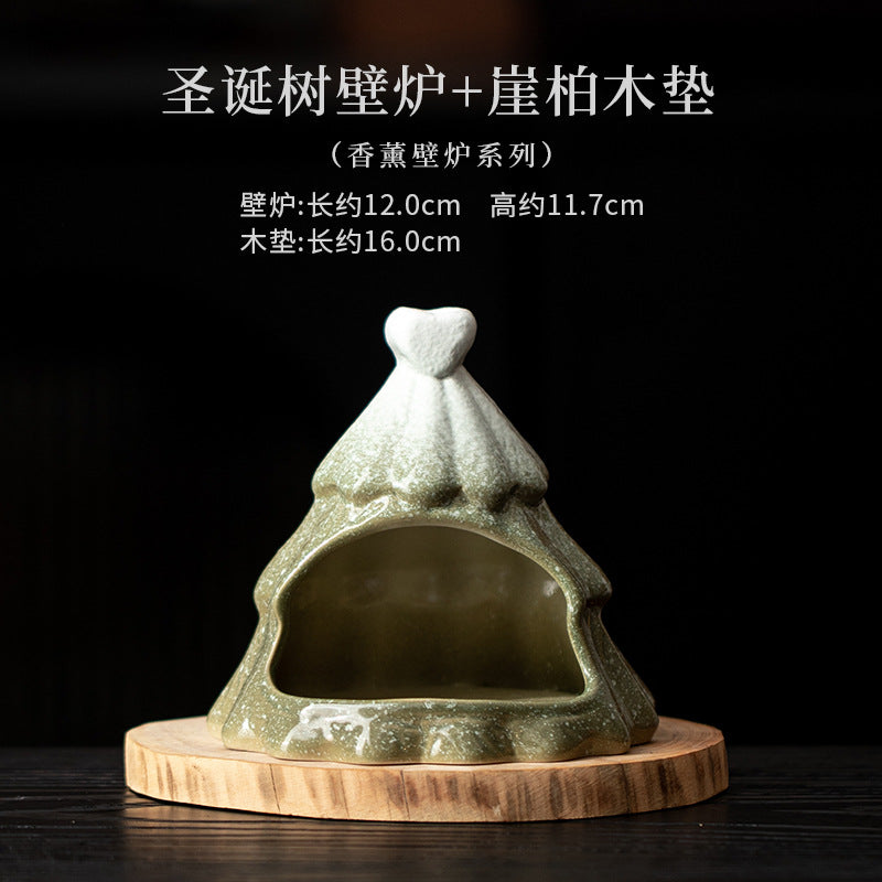 Christmas tree ceramic ritual fireplace with natural round wood base
