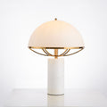 White marble mushroom dome table lamp with gold tone cage frame and opal shade