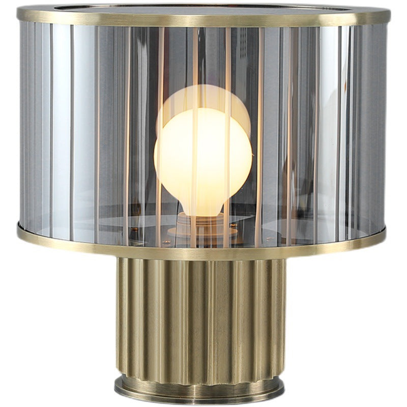 Tea brown glass and gold toned cage table lamp with opal globe