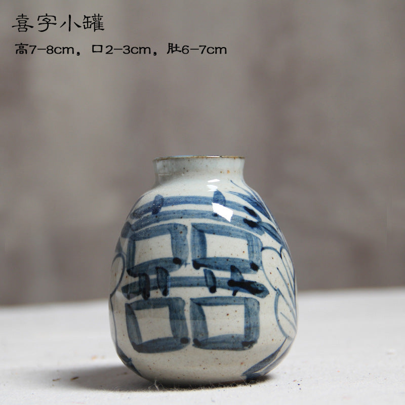Hand-painted blue white mini ceramic vase with Double Happiness motif, 7 to 8 cm