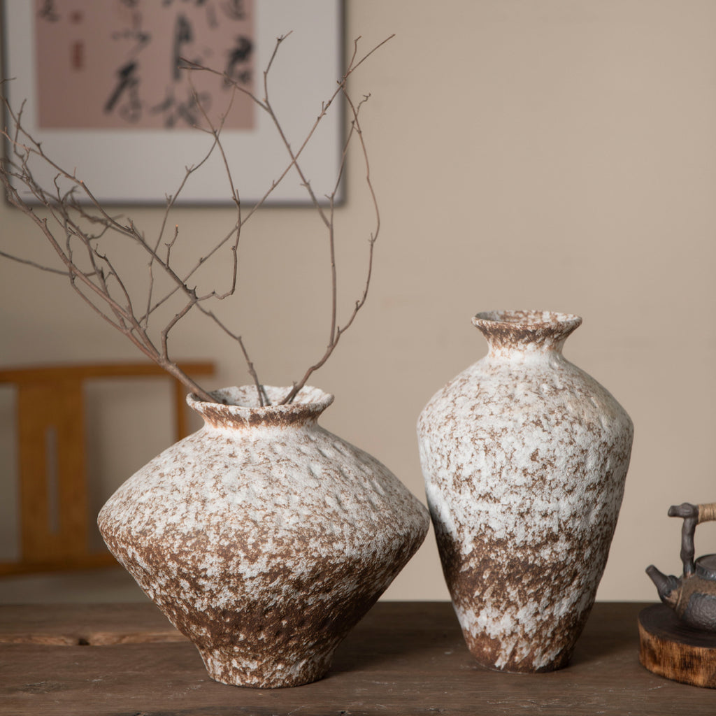 Weathered white brown rustic ceramic vase pair with branch styling