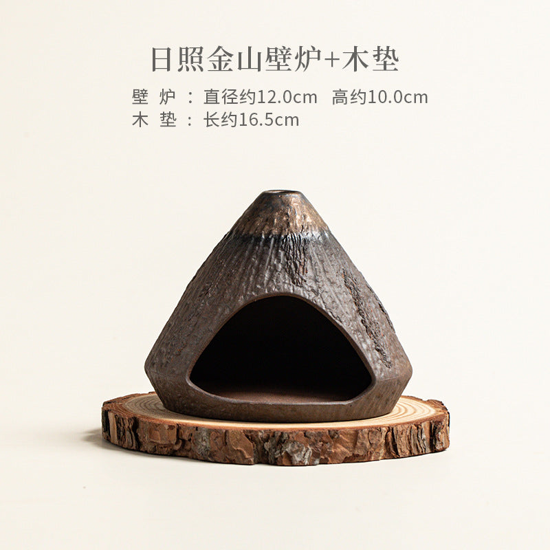 Sunrise mountain ceramic ritual fireplace with natural wood coaster