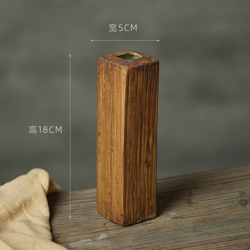 Medium faux wood grain rectangular ceramic bud vase 18 cm high