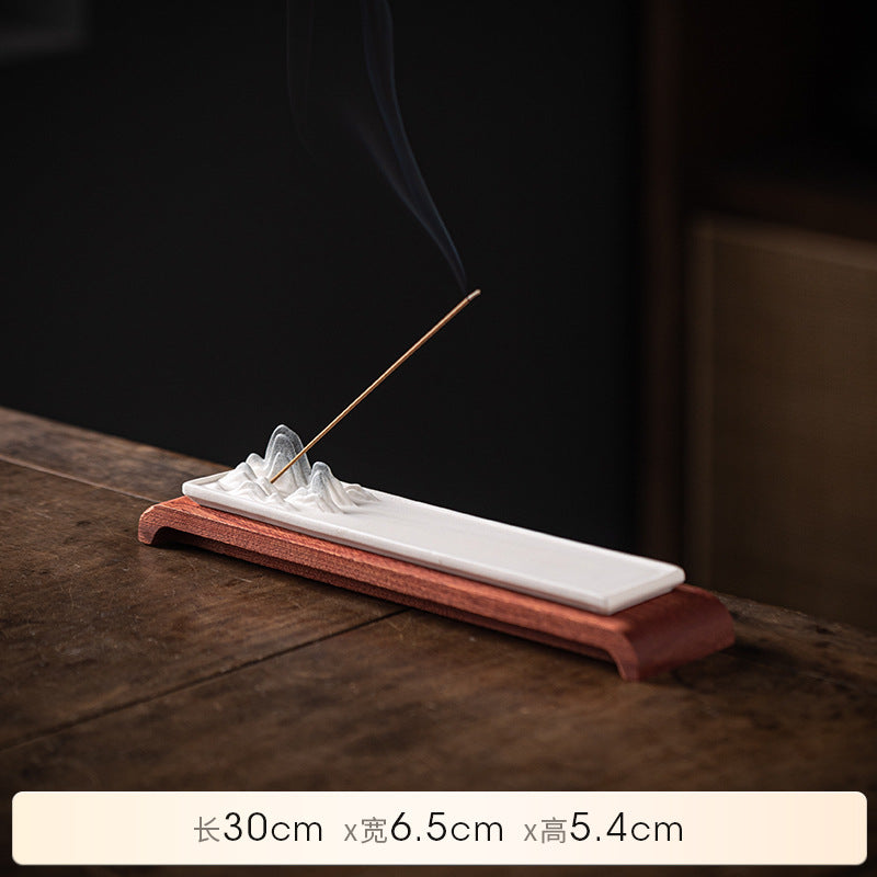 Ivory white Chinese mountain incense tray with wood base 30 by 6.5 by 5.4 cm