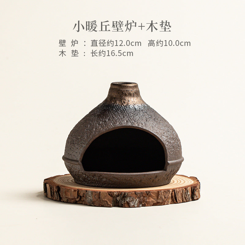 Warm hill ceramic ritual fireplace with natural wood coaster approximately 16.5 cm