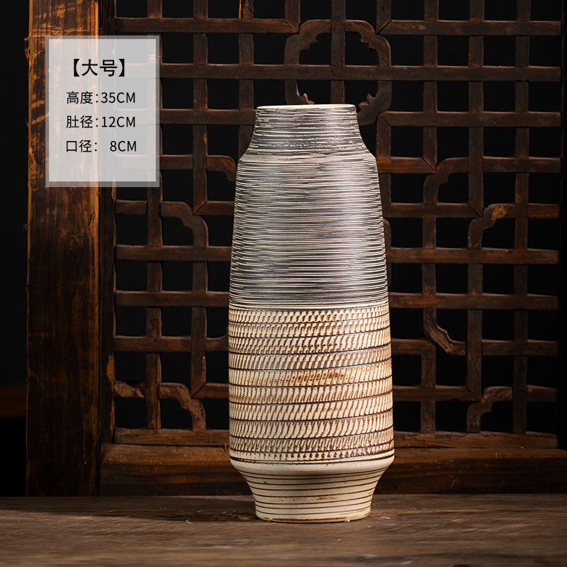 Large grey ochre striped textured ceramic vase 35 cm high