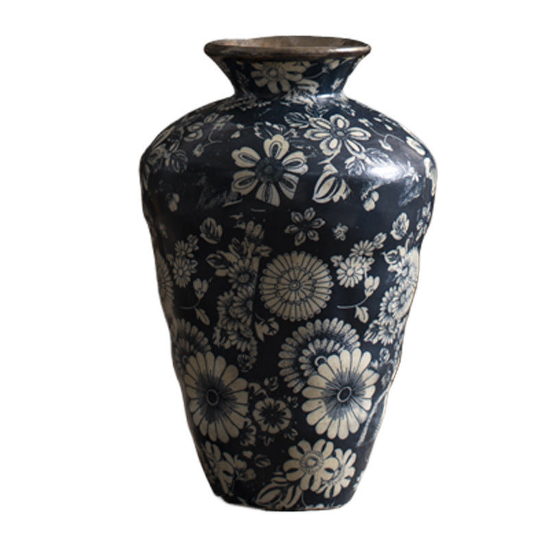 Small tall indigo floral ceramic vase 21 cm high