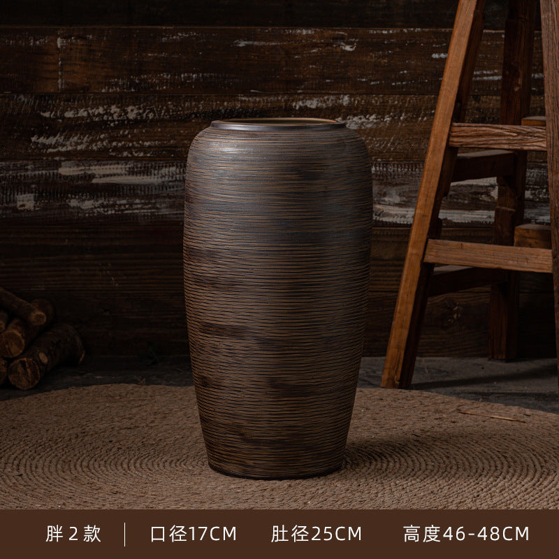 Wide bronze brown ribbed ceramic floor vase 46 to 48 cm high