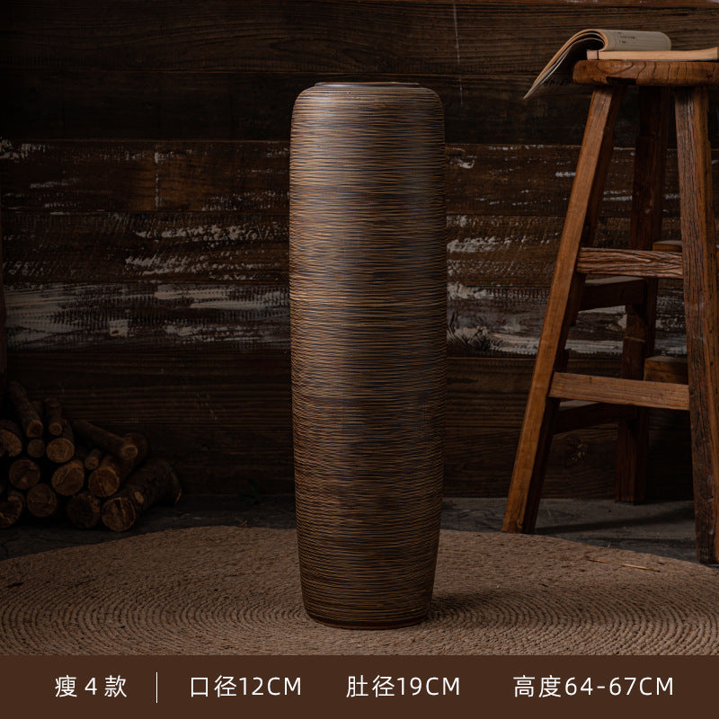 Slim bronze brown ribbed ceramic floor vase 64 to 67 cm high