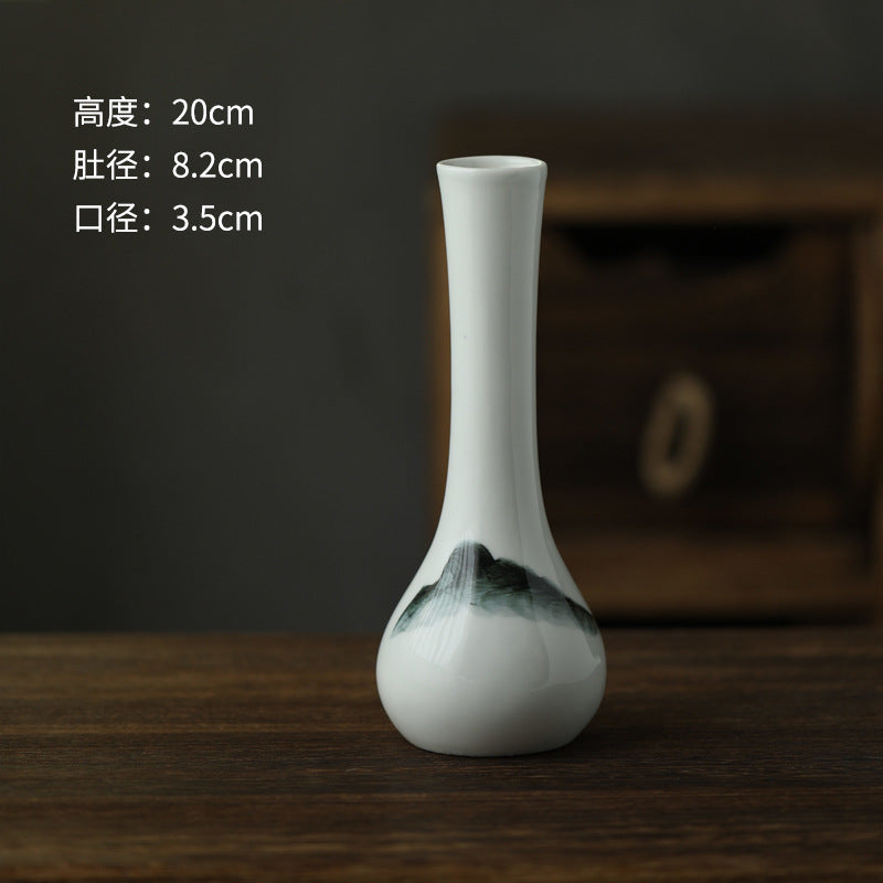 White black landscape long-neck ceramic bud vase 20 cm high
