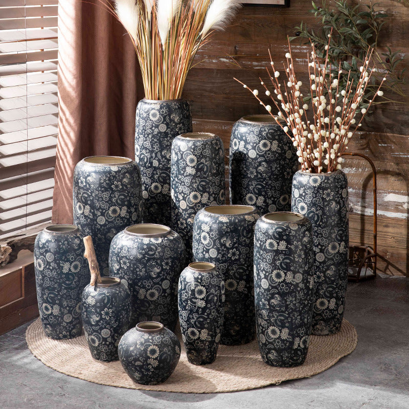 Indigo floral ceramic vase collection in tabletop and floor sizes