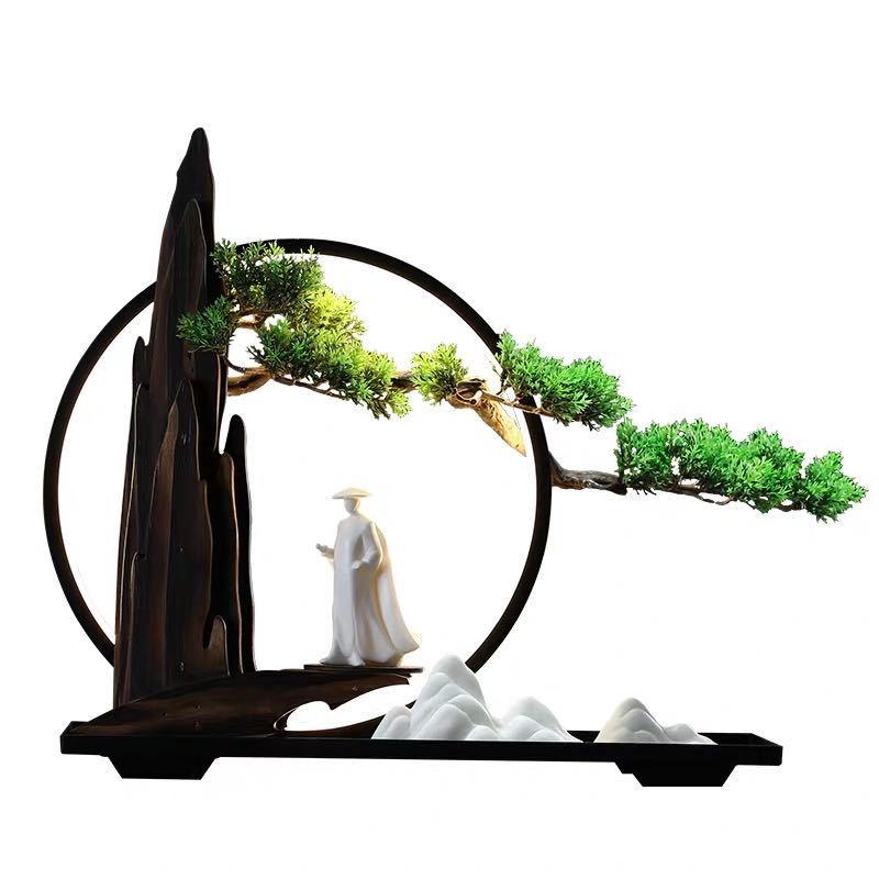Welcome pine circular landscape ornament with dark peaks white mountains and scholar figure