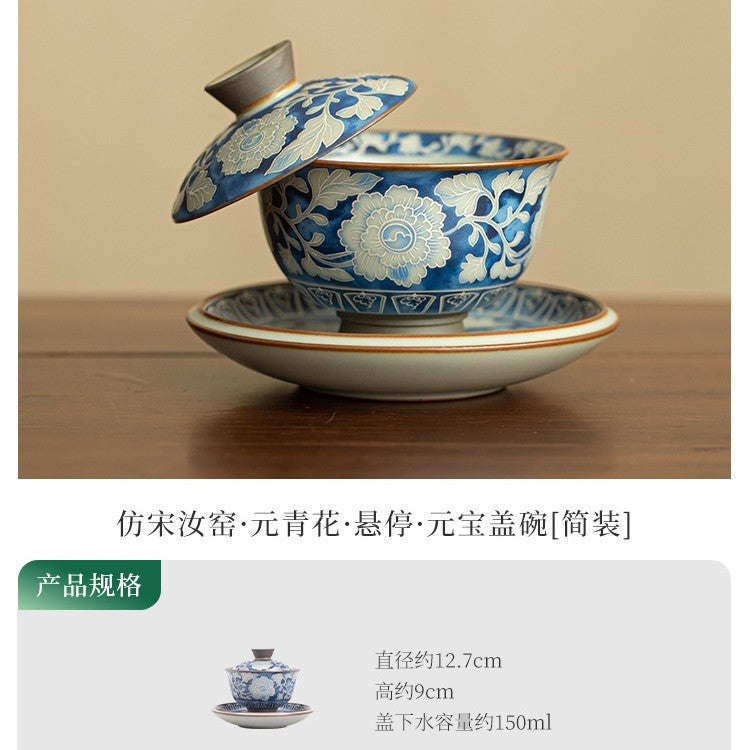 Authentic Jingdezhen Ru Ware Celadon Crackle & Yuan Blue-and-White Gold Ingot Sancai Gaiwan - 160ml Living Patina Tea Bowl