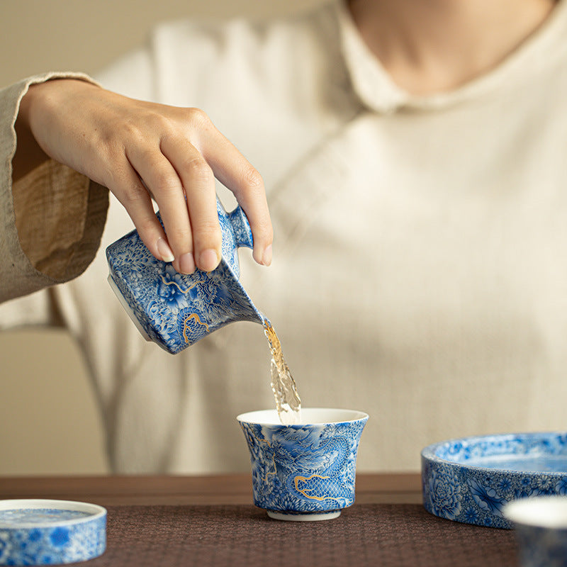 Authentic Jingdezhen Hand-Painted Imperial Dragon Horseshoe Hovering Sancai Gaiwan & Chachen Tray Tea Set