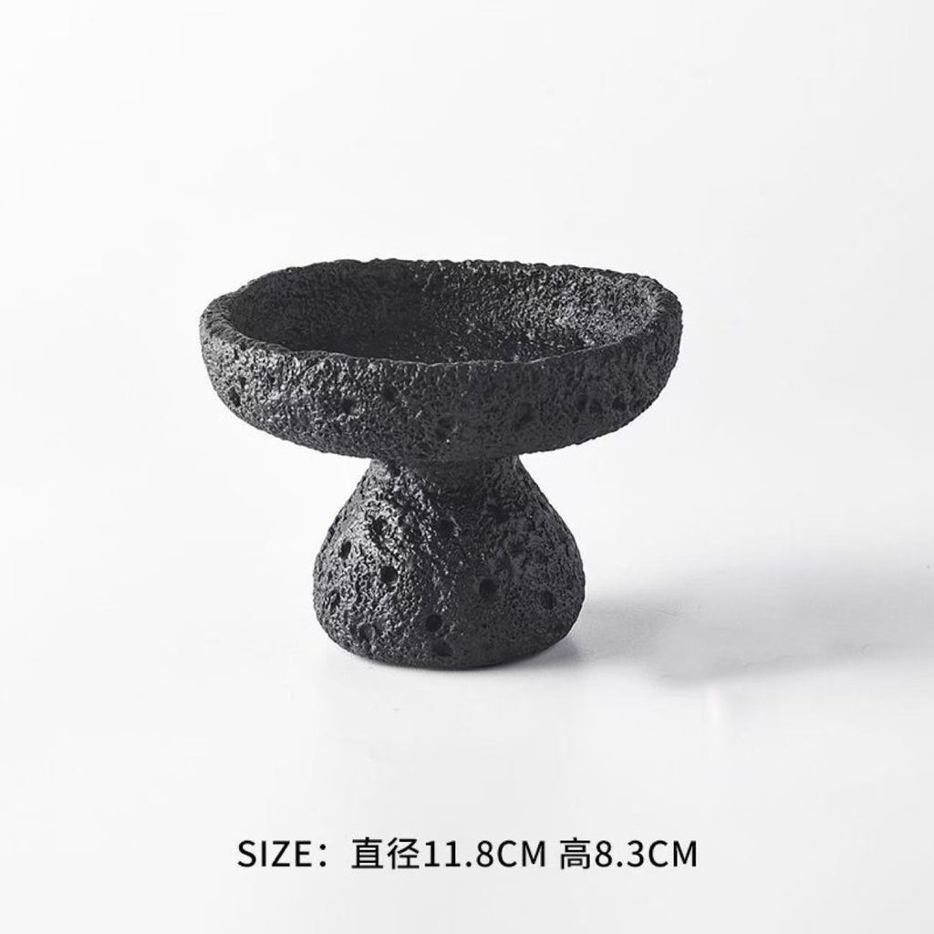 Charcoal black wabi sabi pedestal incense bowl with volcanic texture