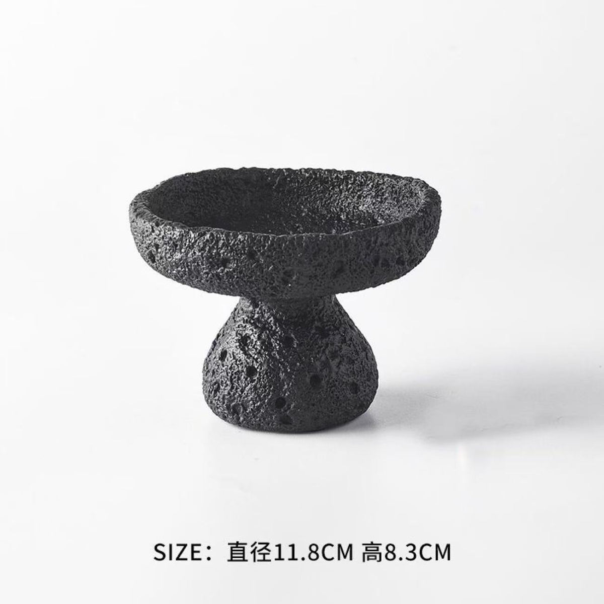 Charcoal black wabi sabi pedestal incense bowl with volcanic texture