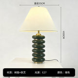 Stacked Disc Sculptural Table Lamp – 50cm Deep Green, Cream or Walnut Brown Bedside Light with Fabric Shade