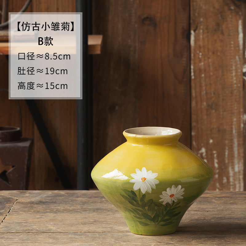 Mustard yellow hand-painted daisy ceramic vase rounded B shape 19 cm