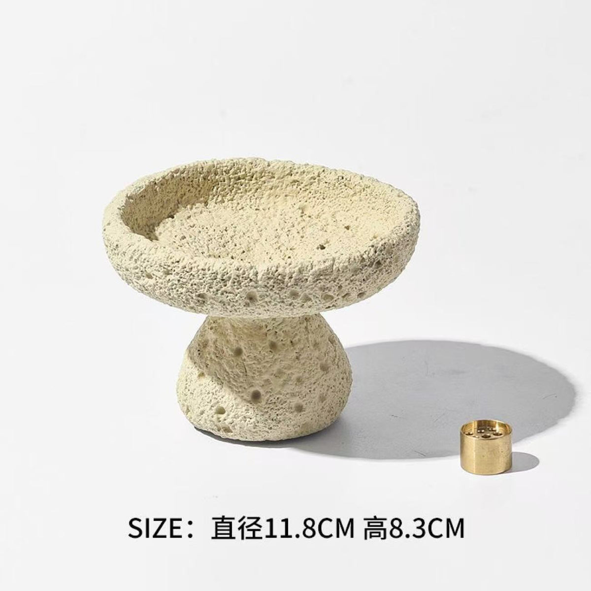 Sand beige pedestal incense bowl with separate brass multi-hole insert