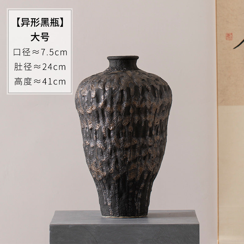 Large charcoal black irregular-texture ceramic vase 41 cm high