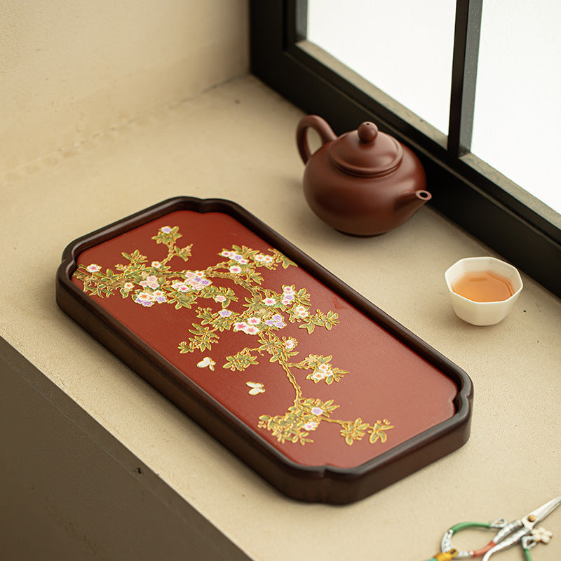 Neo-Chinese Gilded Peach Blossom Ceramic Dry-Brewing Teaware Tray - 20cm Teaware Accessories