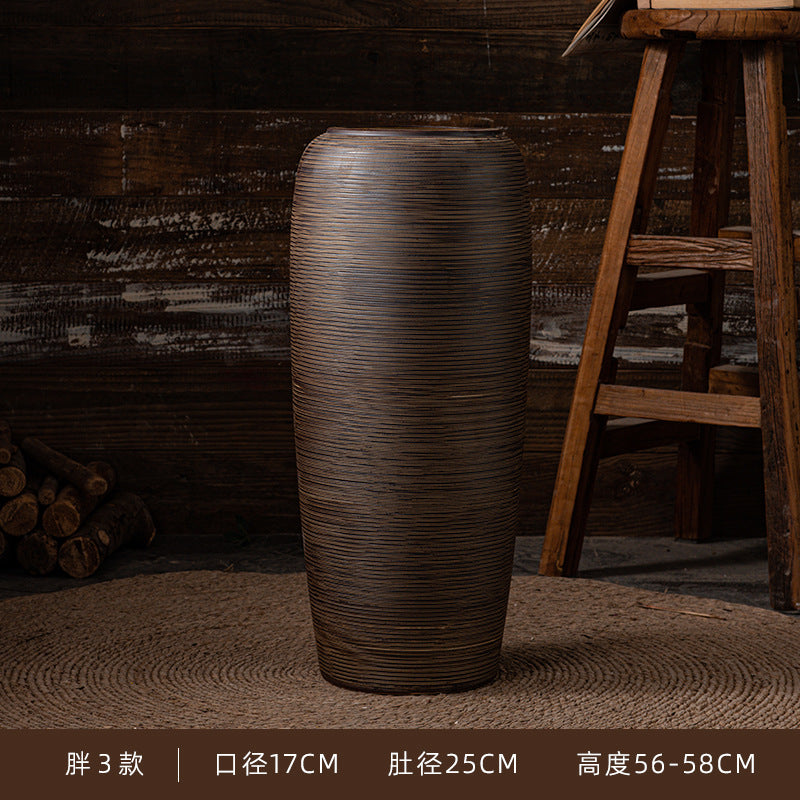 Wide tall bronze brown ribbed ceramic vase 56 to 58 cm high