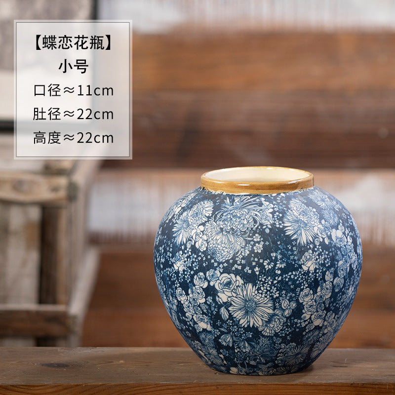 Indigo butterfly-flower ceramic vase, Small, 22 cm high