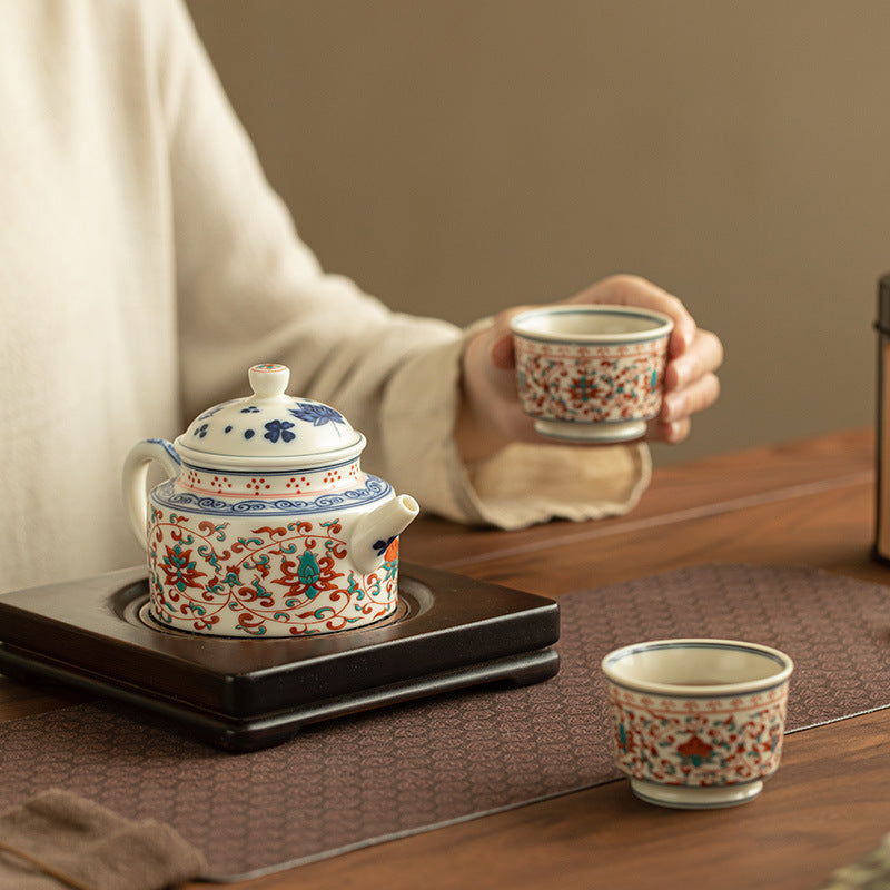 Authentic Jingdezhen Handcrafted Fencai Famille Rose Porcelain Teapot with 3D Embossed Lotus Scroll Relief - 220ml with Built-in Ball Filter