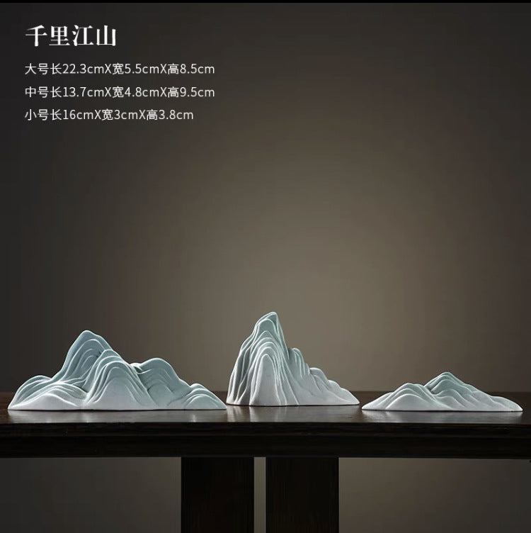 New Chinese Ceramic Mountain Sand-Tray Landscape – Pavilion, Scholar & Snow Peak Zen Tabletop Decor Collection