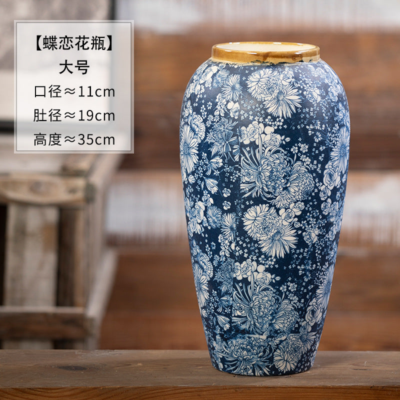 Indigo butterfly-flower ceramic vase, Large, 35 cm high