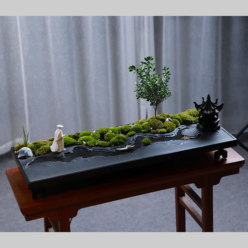 New Chinese micro landscape with moss miniature pagoda scholar figure and black stone tray