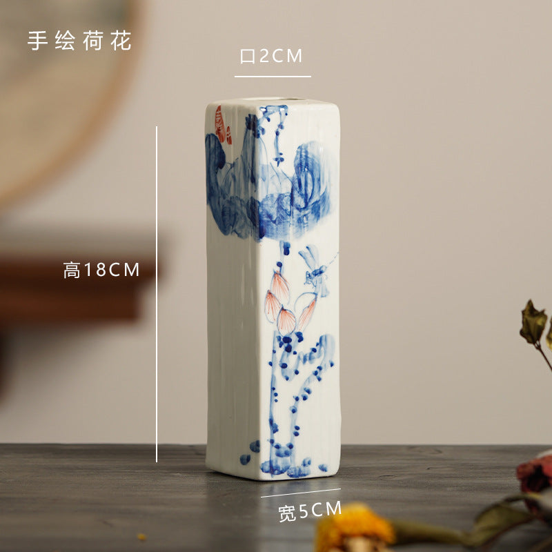 Hand-painted blue white lotus rectangular ceramic bud vase, 18 cm high