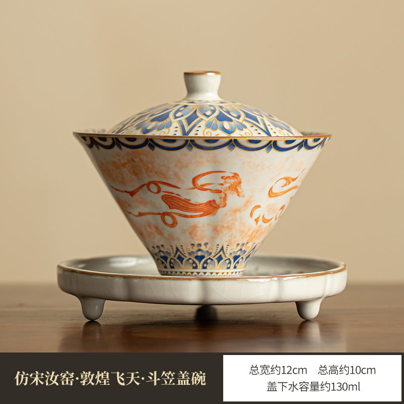 Authentic Jingdezhen Handcrafted Dunhuang Flying Apsaras Stone Rubbing Porcelain Horseshoe Sancai Gaiwan & Conical Cup Set - 160ml