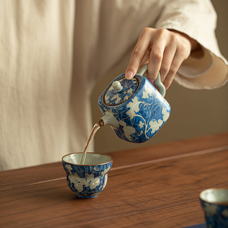 Authentic Jingdezhen Yuan Blue & White Ru Ware Celadon 4-Piece Portable Travel Gongfu Tea Set with Travel Case