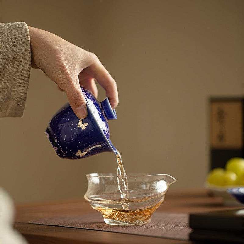 Authentic Jingdezhen Starry Sky Blue Kiln-Transformed Raw Mineral Sancai Gaiwan with Hand-Stapled Pure Ag999 Silver - 160ml