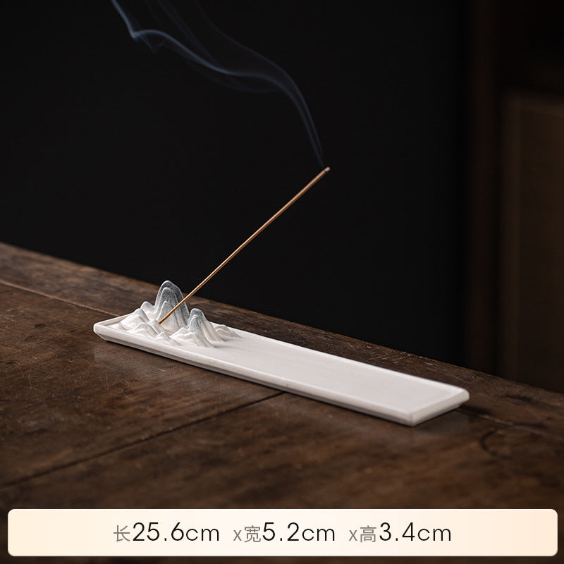 Ivory white mountain landscape ceramic incense tray 25.6 by 5.2 by 3.4 cm
