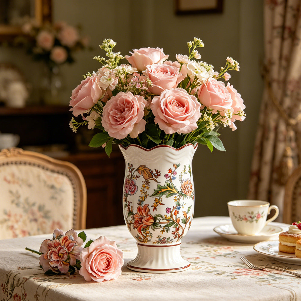 European floral ceramic vase with multicolor botanical pattern styled with roses