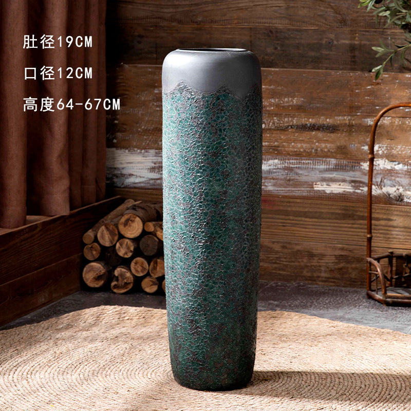 Slim green patina ceramic floor vase 64 to 67 cm high
